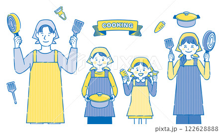 調理をするエプロン姿の若い家族イラスト 2c 調理をするエプロン姿の若い家族イラスト 2c 122628888