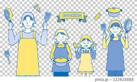 Illustration of a young family wearing aprons cooking 2c 122628888