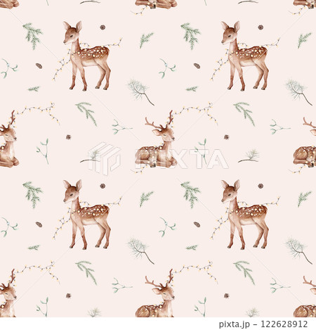 Seamless pattern with watercolor of Christmas tree and pine branches, needle and baby deer with garland. Hand painted fir cone and animals illustration on isolated. Repeat background for new year. 122628912