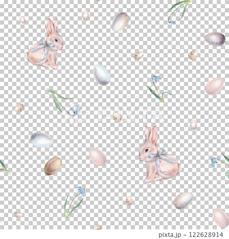 Seamless watercolor pattern with cute rabbits or bunny with light blue bow, paint eggs, spring flowers in pastel colors. Repeat ornament with Illustration of background for Easter design. Seamless watercolor pattern with cute rabbits or bunny with light blue bow, paint eggs, spring flowers in pastel colors. Repeat ornament with Illustration of background for Easter design. 122628914