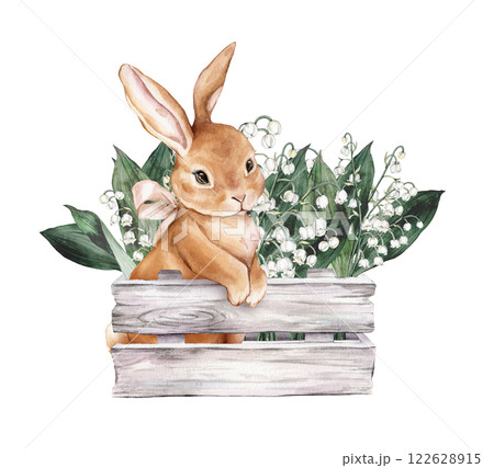 Watercolor Bunny or rabbit with Bouquet of tender poured white flowers lily of the valley and green leaves in wooden box. Hand drawn illustration composition with flowers and hare for spring design 122628915