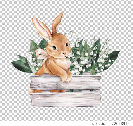 Watercolor Bunny or rabbit with Bouquet of tender poured white flowers lily of the valley and green leaves in wooden box. Hand drawn illustration composition with flowers and hare for spring design 122628915