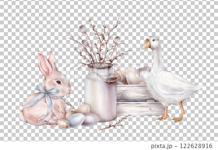 Cute watercolor illustration wooden box with chicken and quail eggs and jar with willow branches and Easter bunny or hare with bow and and goose. Hand drawn illustration isolated on background 122628916