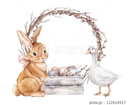 Cute watercolor illustration wooden box with chicken, quail eggs and willow branches and Easter bunny with bow and goose. Round frame with tree branch without leaves Hand drawn illustration isolated 122628917