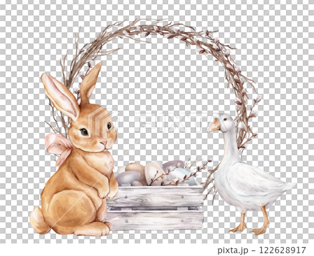 Cute watercolor illustration wooden box with chicken, quail eggs and willow branches and Easter bunny with bow and goose. Round frame with tree branch without leaves Hand drawn illustration isolated 122628917