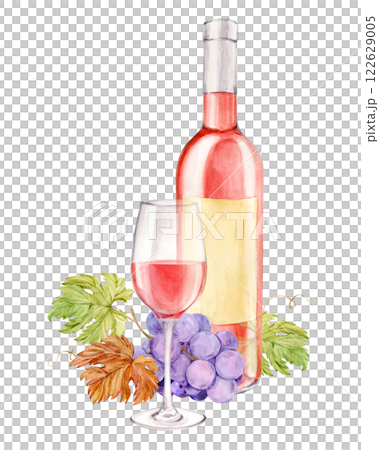 Realistic watercolor illustration of a bottle and a glass of rose wine. Hand drawn alcoholic drink and purple grapes lie on the table. Design element for bar and restaurant menu, tasting. 122629005