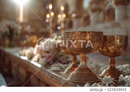 Golden ornate chalices on an altar surrounded by white petals and soft floral arrangements in a sunlit church interior with a warm, sacred atmosphere 122629042