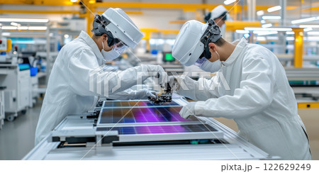 Efficient workers assembling solar panels in modern factory environment 122629249
