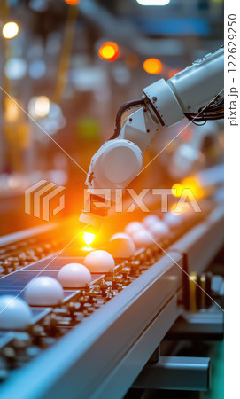 Automated robotic arm in production line handling white objects Automated robotic arm in production line handling white objects 122629250