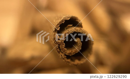 Close-up macro shot of cinnamon sticks showing rich texture and warm brown color. 122629290