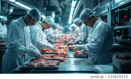 Workers process meat in a busy facility during daytime, ensuring quality and efficiency in production line 122629318