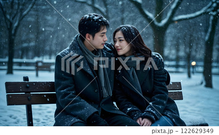 a couple sitting on a bench in a snowy park, hugging each other as snow falls around them. 122629349