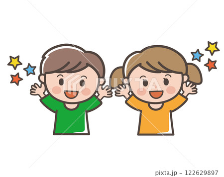 バンザイをして喜ぶ男の子と女の子の上半身イラスト(小学生、幼児、子供) バンザイをして喜ぶ男の子と女の子の上半身イラスト(小学生、幼児、子供) 122629897