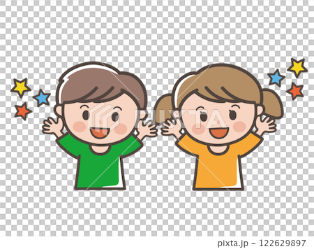 バンザイをして喜ぶ男の子と女の子の上半身イラスト(小学生、幼児、子供) バンザイをして喜ぶ男の子と女の子の上半身イラスト(小学生、幼児、子供) 122629897