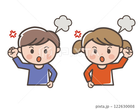 怒ってゲンコツポーズをする男の子と女の子の上半身イラスト(小学生、幼児、子供) 怒ってゲンコツポーズをする男の子と女の子の上半身イラスト(小学生、幼児、子供) 122630008