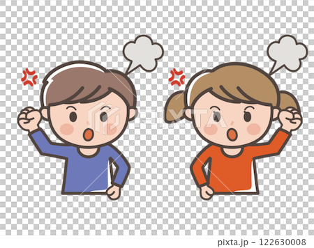 怒ってゲンコツポーズをする男の子と女の子の上半身イラスト(小学生、幼児、子供) 怒ってゲンコツポーズをする男の子と女の子の上半身イラスト(小学生、幼児、子供) 122630008