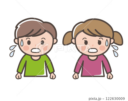 冷や汗をかいて焦る男の子と女の子の上半身イラスト（小学生、幼児、子供）  122630009