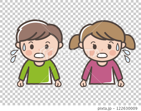 冷や汗をかいて焦る男の子と女の子の上半身イラスト（小学生、幼児、子供）  122630009