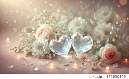 Two hearts made of crystal are on a table with flowers. Two hearts made of crystal are on a table with flowers. 122630196