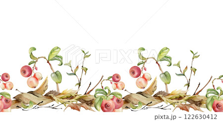 Cranberry lingonberry twigs branches on dry leaves, hand drawn in watercolor. Ripe swamp forest berry, bearberry teaberry wintergreen. Isolated seamless banner border. Restaurant menu, farmers market Cranberry lingonberry twigs branches on dry leaves, hand drawn in watercolor. Ripe swamp forest berry, bearberry teaberry wintergreen. Isolated seamless banner border. Restaurant menu, farmers market 122630412