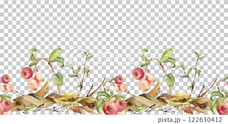 Cranberry lingonberry twigs branches on dry leaves, hand drawn in watercolor. Ripe swamp forest berry, bearberry teaberry wintergreen. Isolated seamless banner border. Restaurant menu, farmers market Cranberry lingonberry twigs branches on dry leaves, hand drawn in watercolor. Ripe swamp forest berry, bearberry teaberry wintergreen. Isolated seamless banner border. Restaurant menu, farmers market 122630412