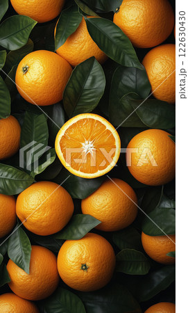Fresh oranges with green leaves, some cut in half, create vibrant display 122630430