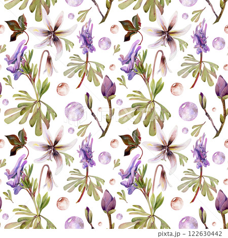 Spring forest flowers, purple corydalis vetch orchid, white fawn trout lily, brown leaves, glass bubbles hand drawn in watercolor. Botanical isolated illustration for wedding, florist shop, stationery 122630442