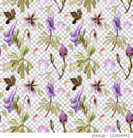 Spring forest flowers, purple corydalis vetch orchid, white fawn trout lily, brown leaves, glass bubbles hand drawn in watercolor. Botanical isolated illustration for wedding, florist shop, stationery 122630442