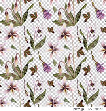 Spring flowers, purple orchid vetch, white trout lily, mauve magnolia camelia bud, erythronium corydalis hand drawn in watercolor. Seamless pattern illustration for wedding, florist shop, stationery 122630443