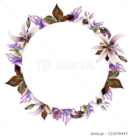 Spring forest flowers, mauve magnolia camelia bud, purple corydalis vetch orchid, white erythronium trout lily hand drawn in watercolor. Wreath frame illustration for wedding, florist shop, stationery 122630445