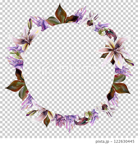 Spring forest flowers, mauve magnolia camelia bud, purple corydalis vetch orchid, white erythronium trout lily hand drawn in watercolor. Wreath frame illustration for wedding, florist shop, stationery 122630445