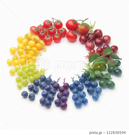 カラフルな果物と野菜の美しいグラデーション カラフルな果物と野菜の美しいグラデーション 122630504