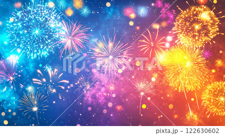 夜空に輝く色とりどりの花火 122630602