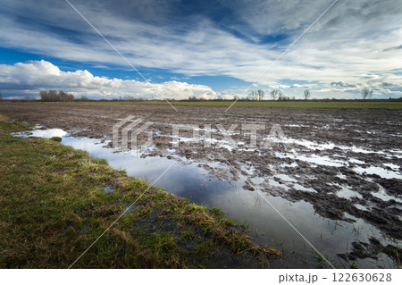 Flooded Farmland After Snowmelt in Nowiny, Poland, February Rural Landscape Flooded Farmland After Snowmelt in Nowiny, Poland, February Rural Landscape 122630628