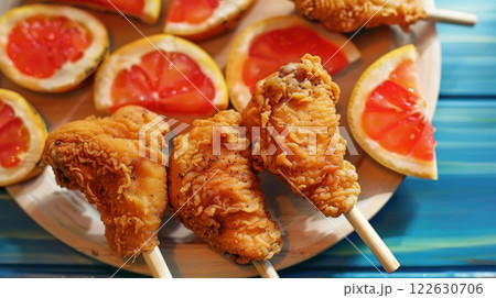 Crispy fried chicken skewers with citrus slices 122630706