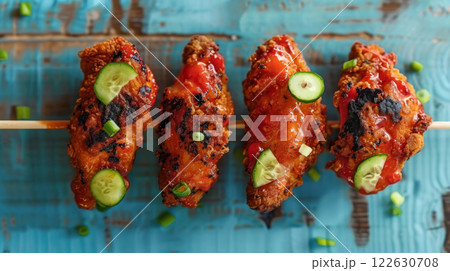Charred spicy chicken skewers with cucumbers 122630708