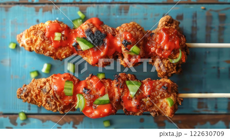 Fried crispy chicken skewers with red sauce 122630709