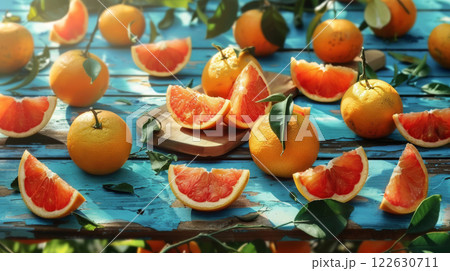Fresh oranges and grapefruit slices on a rustic table 122630711