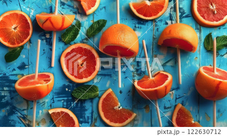 Creative orange fruit lollipops with mint leaves 122630712
