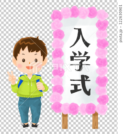 一個男孩用藍色書包做出和平手勢 122630901