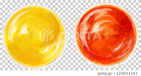 容器中番茄醬和芥末醬的頂部視圖 122631141