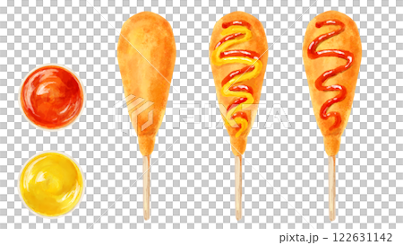 碗中盛有番茄醬和芥末的玉米熱狗的頂部視圖 碗中盛有番茄醬和芥末的玉米熱狗的頂部視圖 122631142