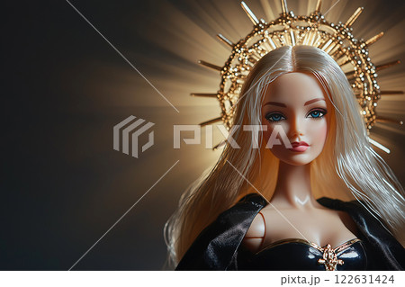 Artistic portrayal of a classic doll as a heavenly figure in golden light, saint. Modern beauty standards, idols from magazine, plastic surgery concept 122631424