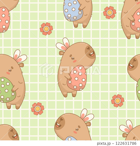 Easter Seamless pattern. Funny capybara in bunny ears with paschal polka dots egg on green checkered background with flowers. Holiday cartoon kawaii character. Vector illustration 122631786