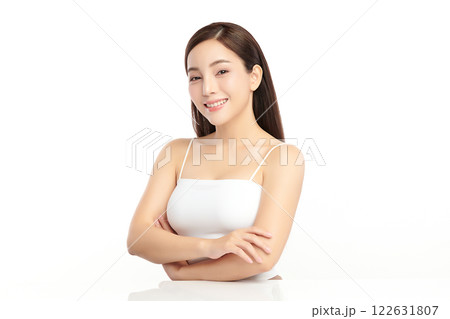 Beautiful young asian woman with clean fresh skin on white background, Face care, Facial treatment, Cosmetology, beauty and spa, Asian women portrait. 122631807