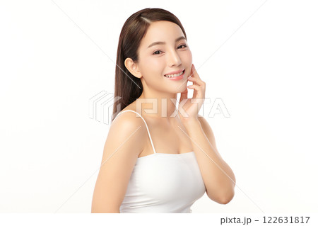 Beautiful young asian woman with clean fresh skin on white background, Face care, Facial treatment, Cosmetology, beauty and spa, Asian women portrait. Beautiful young asian woman with clean fresh skin on white background, Face care, Facial treatment, Cosmetology, beauty and spa, Asian women portrait. 122631817