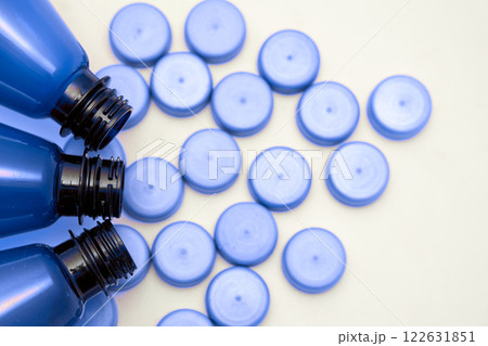 Blue plastic various bottles with corks for detergents,beer,soda,lemonade 122631851