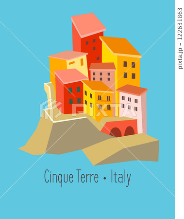 Coloured buildings in mountains of Italy. Cinque Terre sights and buildings in Liguria. Traditional Mediterranean landmark. Italy and tourism. Isolated illustration on blue background. Coloured buildings in mountains of Italy. Cinque Terre sights and buildings in Liguria. Traditional Mediterranean landmark. Italy and tourism. Isolated illustration on blue background. 122631863