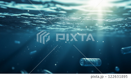 海洋汚染コンセプト、波の下に漂う透明なプラスチックごみ 海洋汚染コンセプト、波の下に漂う透明なプラスチックごみ 122631895