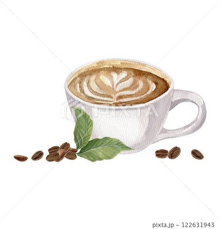 Watercolor composition with cup of coffee with pile roasted coffee beans and two green leaves 122631943